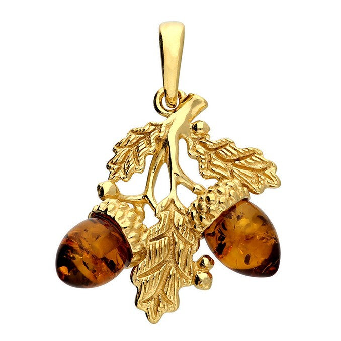 Acorn Natural Amber Pendant Yellow Gold Plated Hallmarked All Chain Lengths