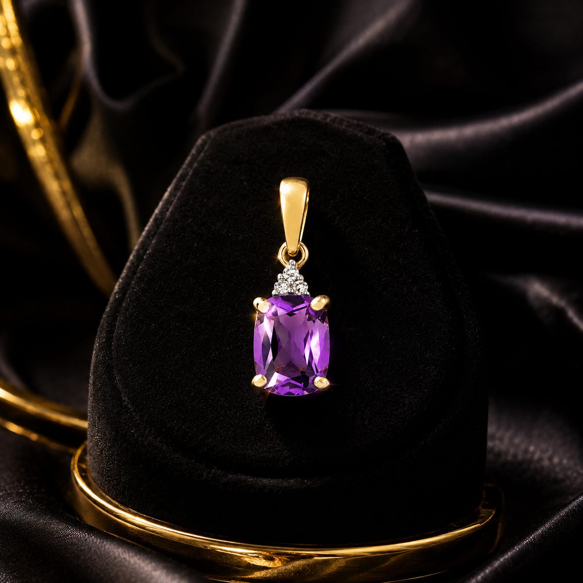 Cushion Amethyst Diamond Pendant 9ct Yellow  Gold 375 Hallmark Chain Lengths