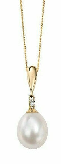 Classic Freshwater Pearl & Diamond Pendant 9ct Yellow Gold British Made