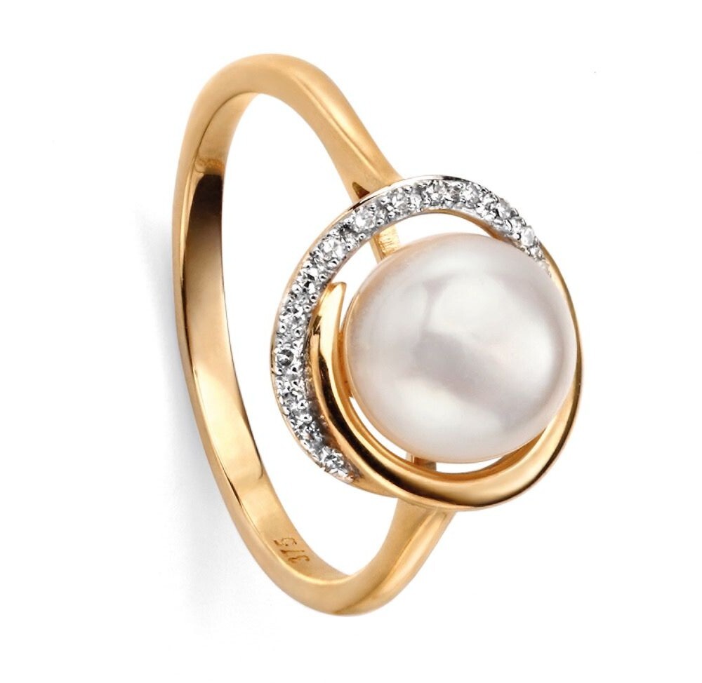 Button Pearl & Diamond Wave Ring 375 Hallmarked Brand New Sizes L - Q