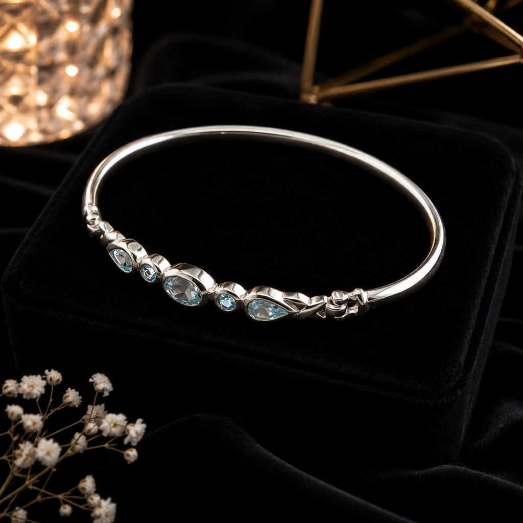 Blue Topaz Hinged Bangle Sterling Silver 925 Hallmarked British Made Brand New