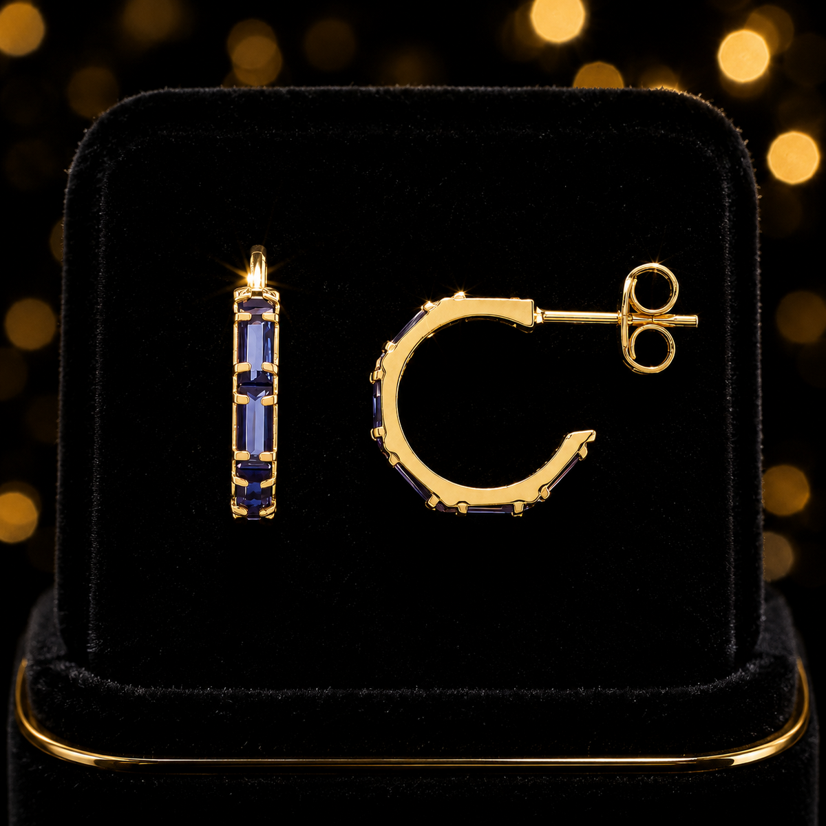 Natural Baguette Sapphire Hoop Earrings 9ct Yellow Gold 375 Hallmarked Brand New