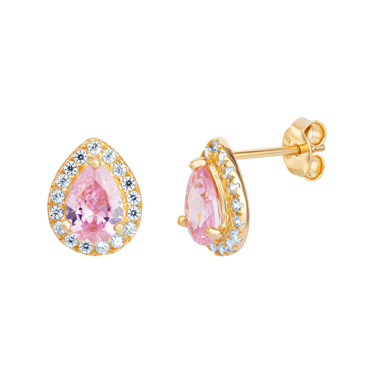 Pink Pear Gemstone Earrings 9ct Yellow Gold Plated Hallmarked British Made