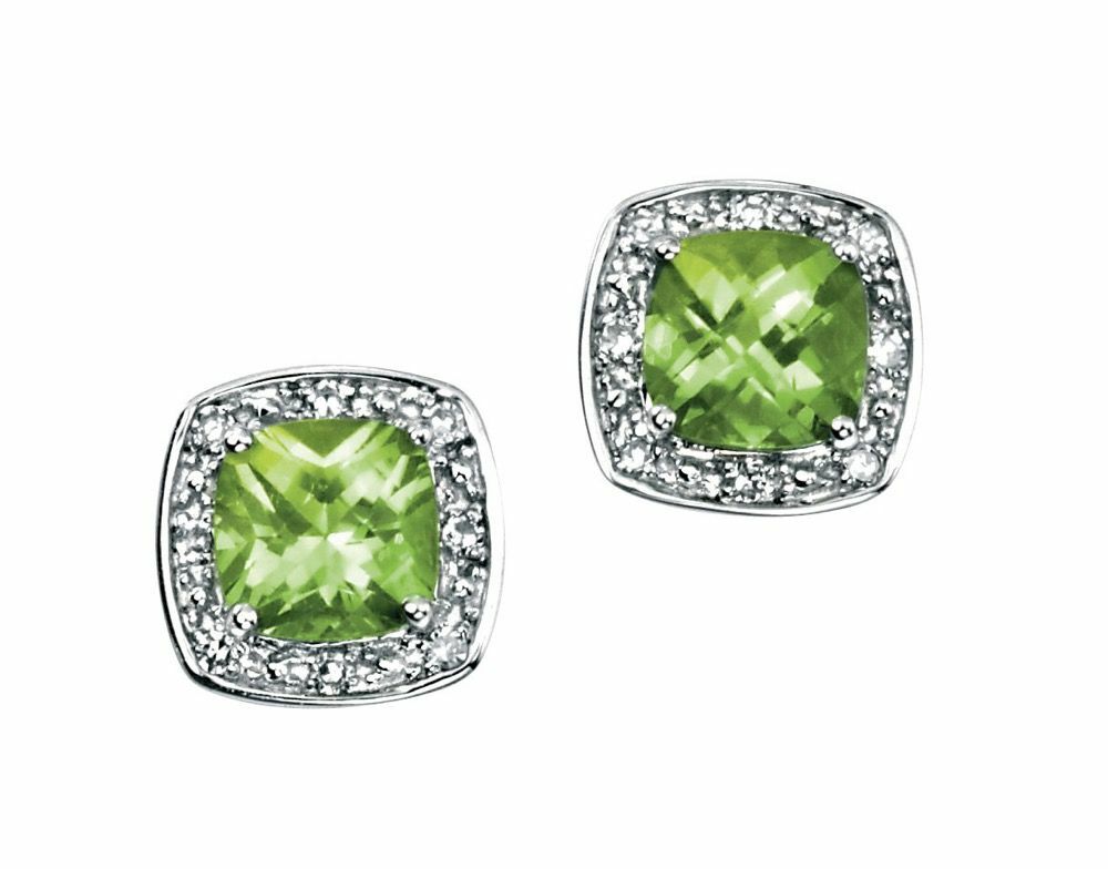 Peridot and Diamond Stud Earrings 9k White Gold 375 Hallmarked British Made