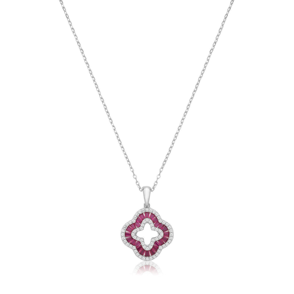 Ruby Baguette Clover Necklace Sterling Silver 925 Hallmarked British Made