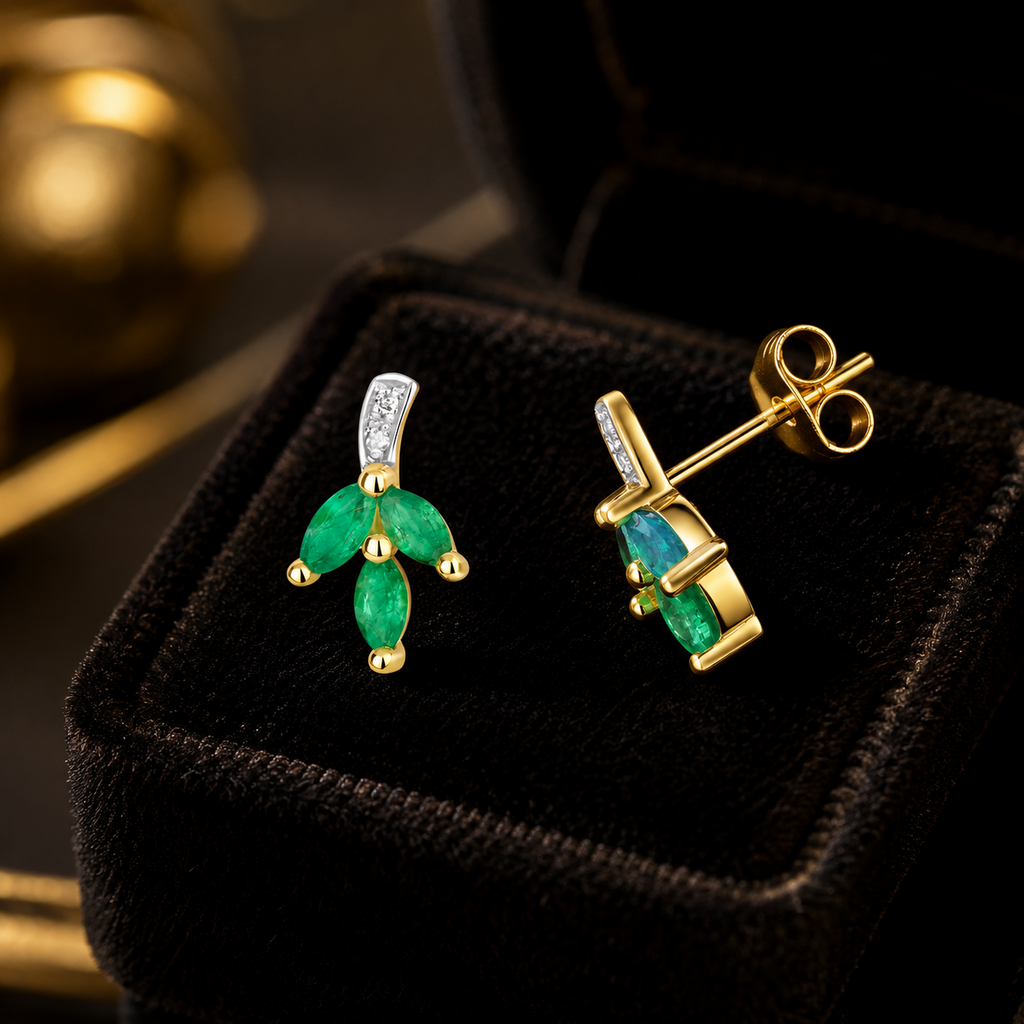 Emerald Floral Diamond Stud Earrings 9ct Yellow Gold 375 Hallmarked British Made