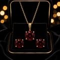 Garnet Pendant and Earrings Set Solid Yellow Gold Solitaire 18" Chain Hallmark