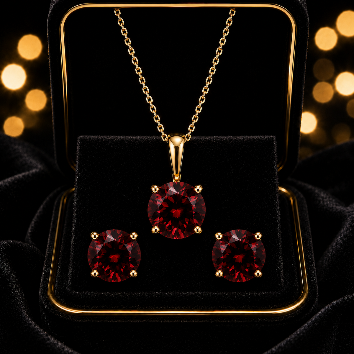 Garnet Pendant and Earrings Set Solid Yellow Gold Solitaire 18" Chain Hallmark