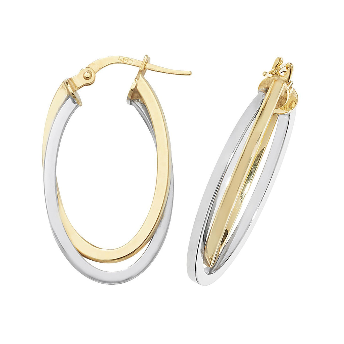 9ct 2 Tone Gold Hinged Oval Double Hoop Earrings 15mm British Made 375 Hallmark