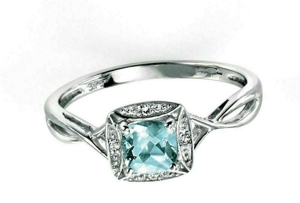 9ct White Gold Diamond and Aquamarine Ring British Made L - Q