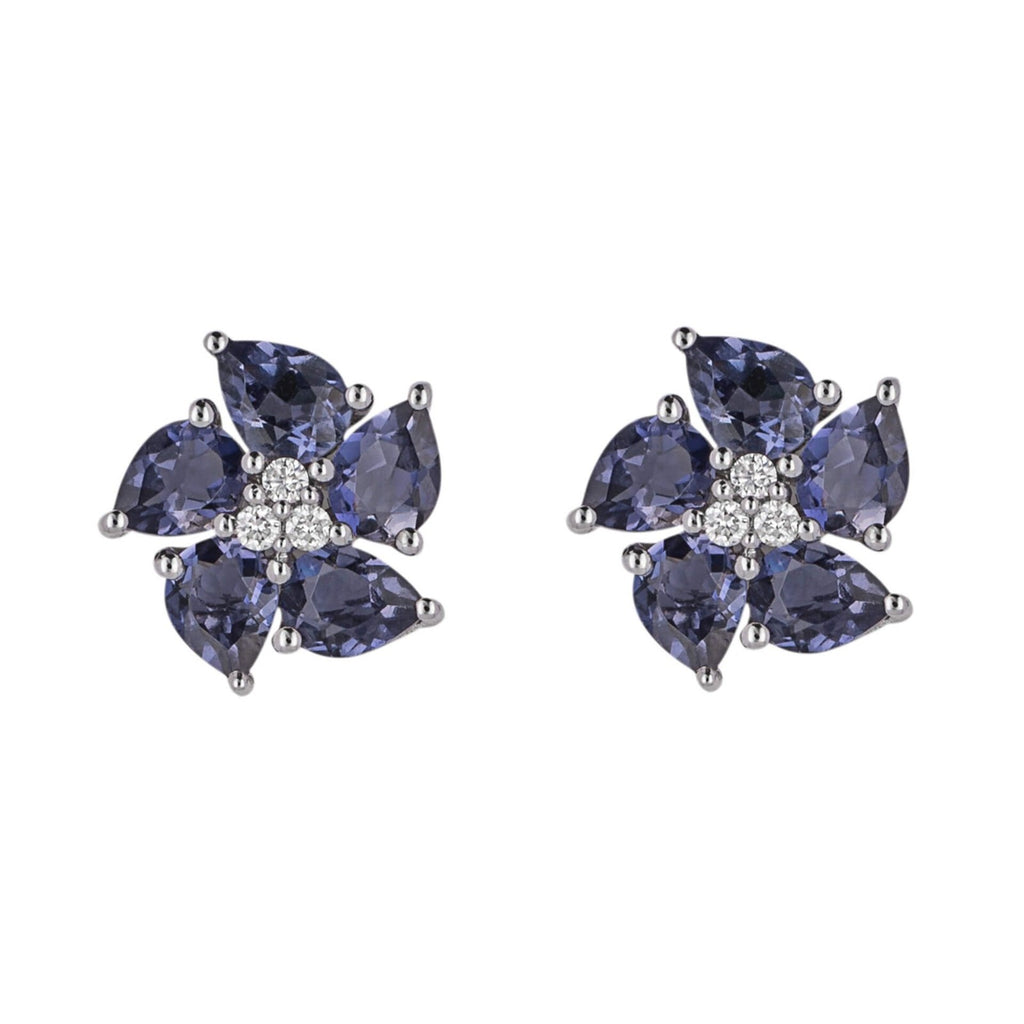 Iolite And Diamond Flower Earrings 9ct White Gold 375 Hallmarked British Made
