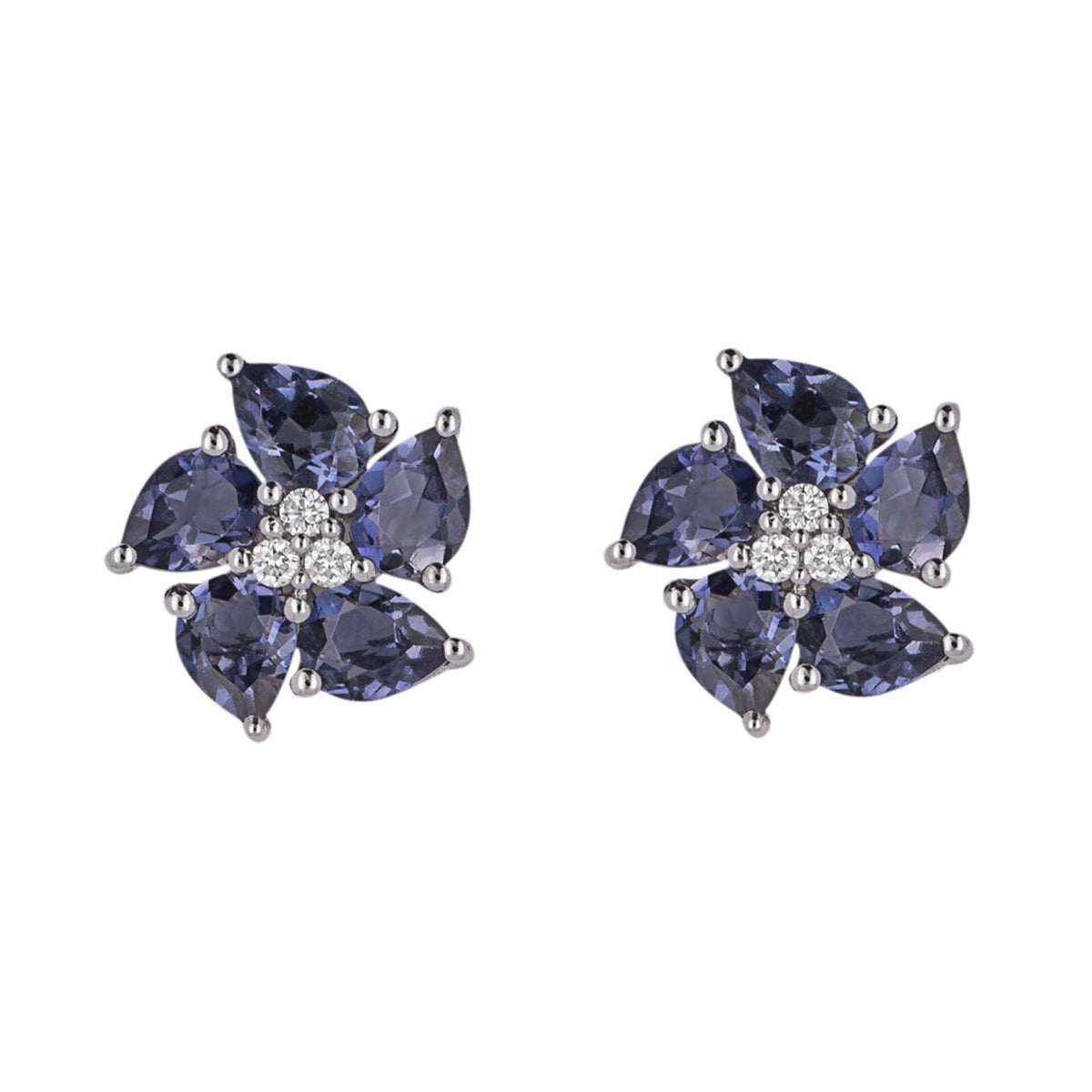Iolite And Diamond Flower Earrings 9ct White Gold 375 Hallmarked British Made