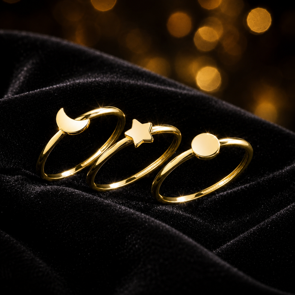 Sun Moon Star Stacking Ring 9ct Yellow Gold Hallmarked Sizes K - Q British Made