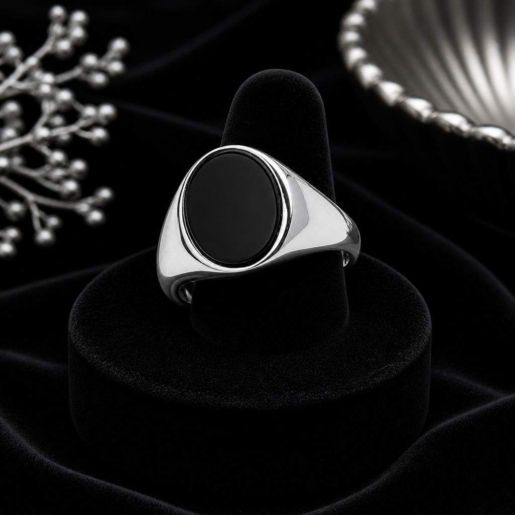 Men's Black Onyx Ring Oval Signet Solid Sterling Silver Size 925 Hallmark O - Z 