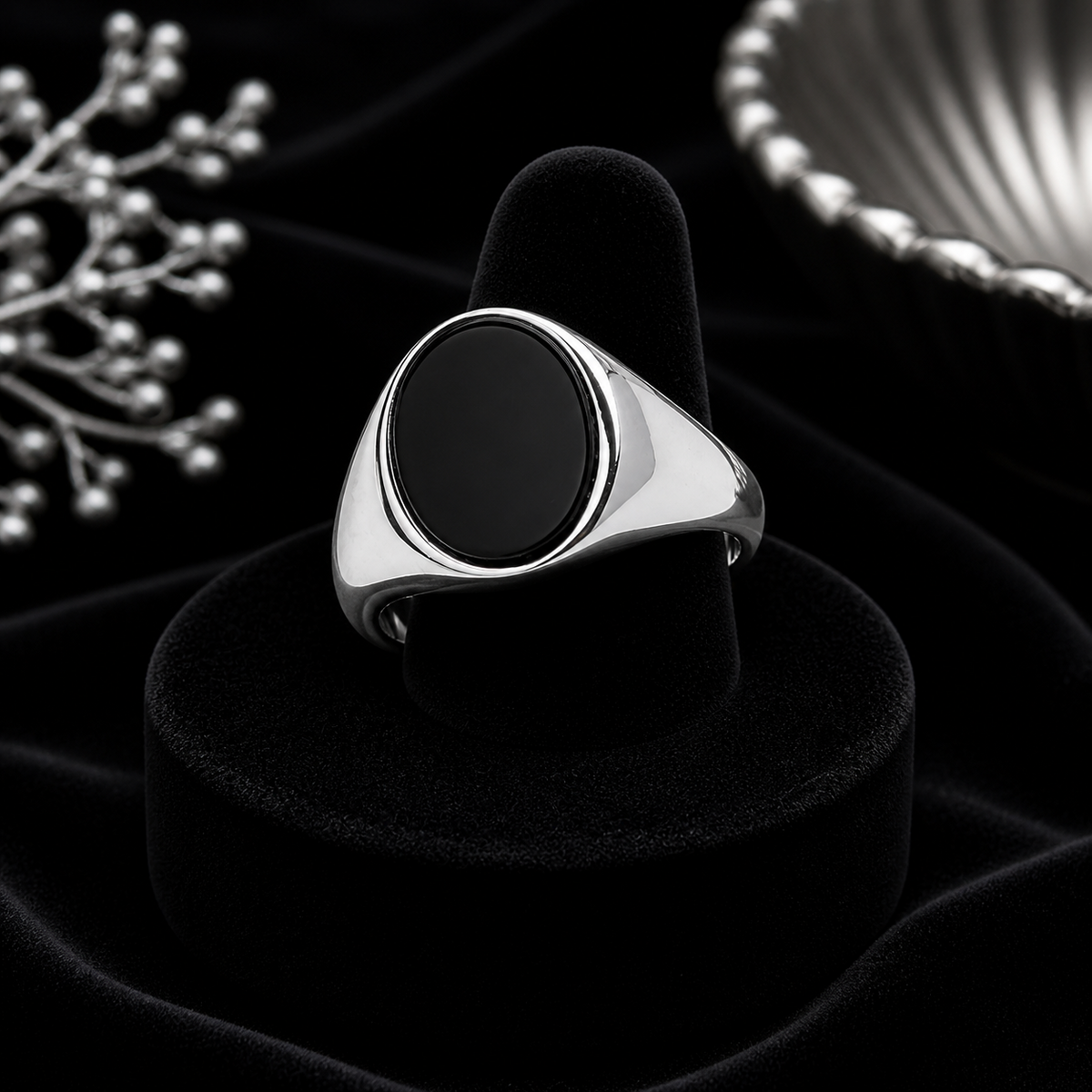 Men's Black Onyx Ring Oval Signet Solid Sterling Silver Size 925 Hallmark O - Z 