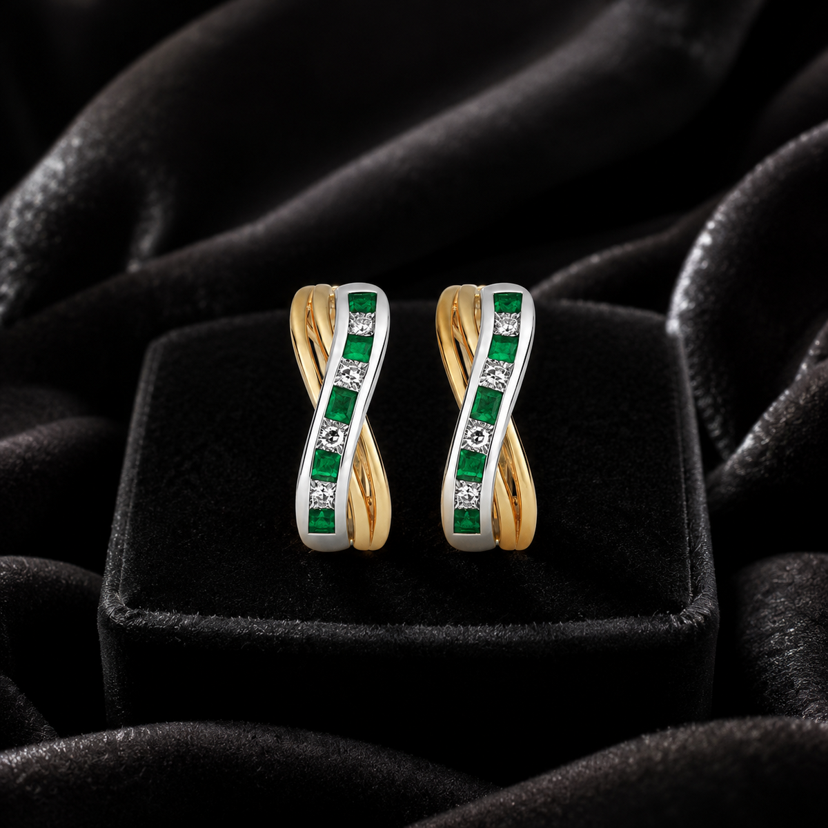 Natural Emerald Diamond Drop Hoop Earrings 9ct Multi Tone Gold 375 Hallmarked