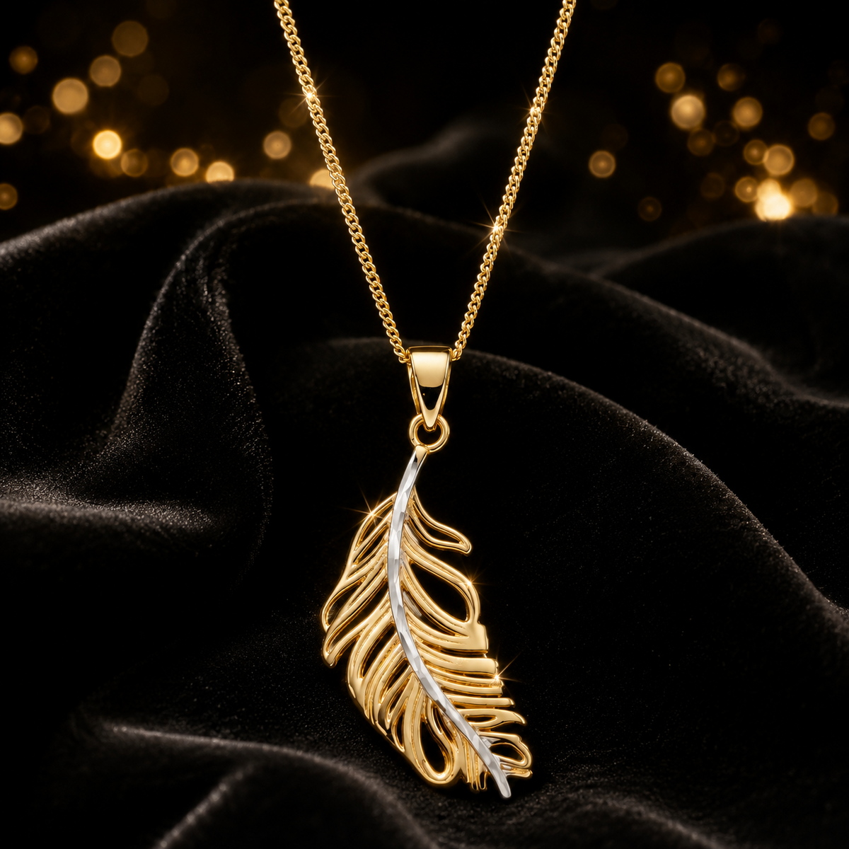 Feather Pendant 9ct Yellow/White Gold 375 Hallmarked British Made Brand new