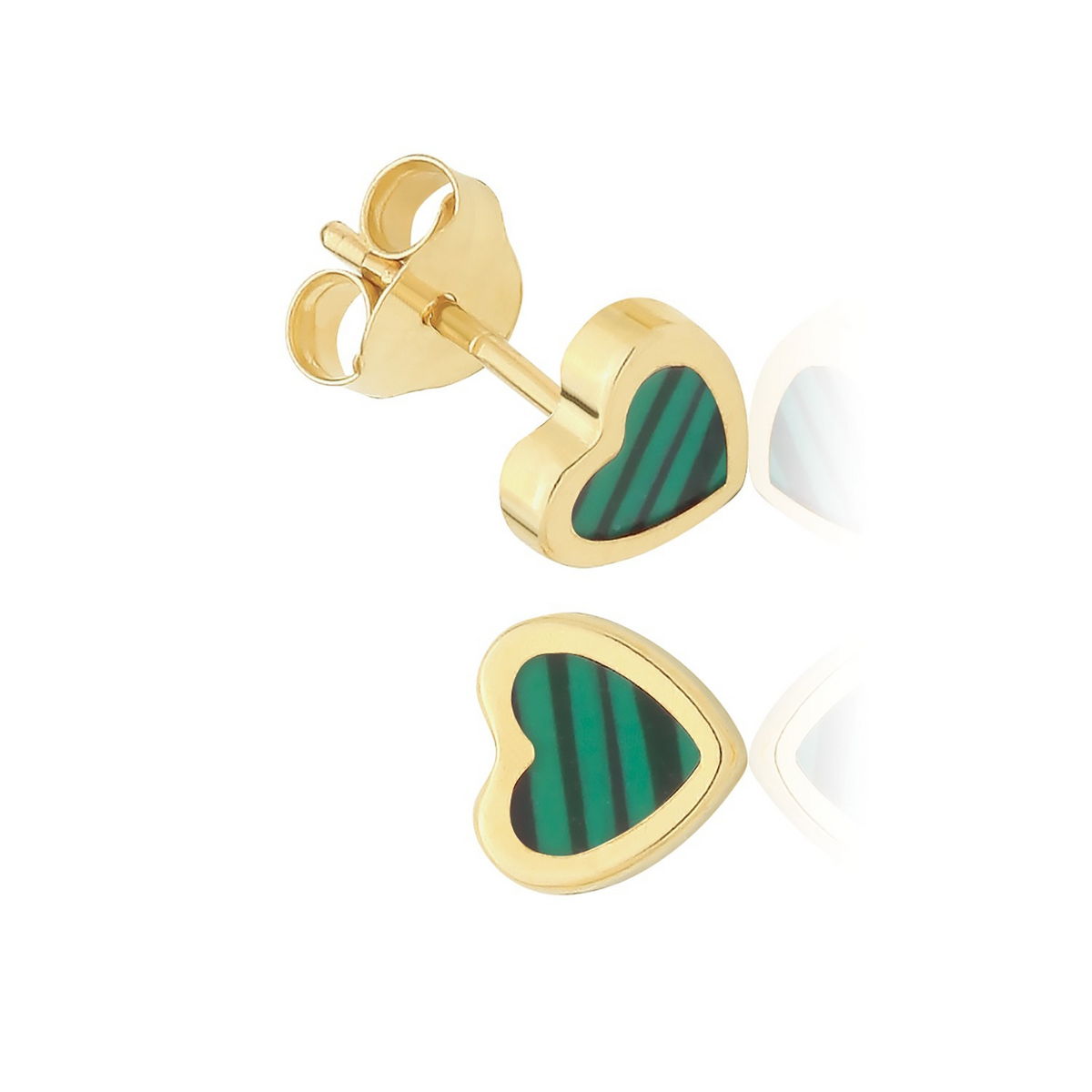 Natural Malachite Heart Stud Earrings 9ct Yellow Gold 375 Hallmarked Brand New