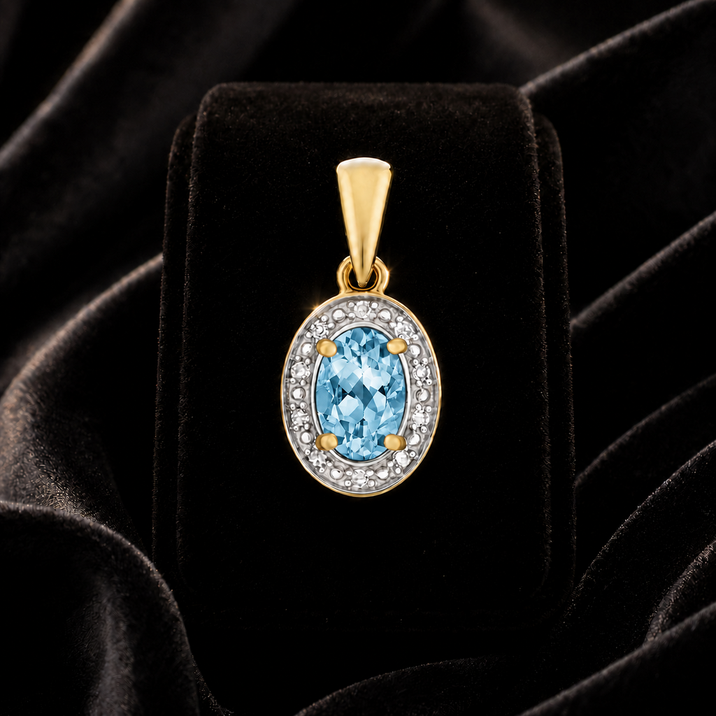 Oval Blue Topaz Diamond Pendant 9ct Multi Tone Gold 375 Hallmarked Chain Lengths