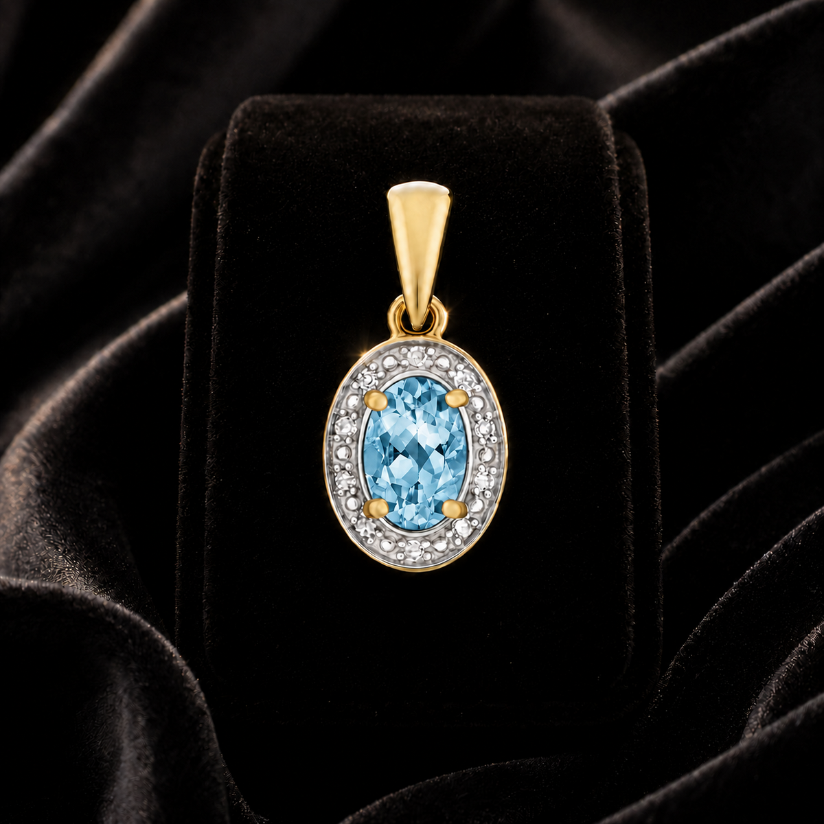 Oval Blue Topaz Diamond Pendant 9ct Multi Tone Gold 375 Hallmarked Chain Lengths