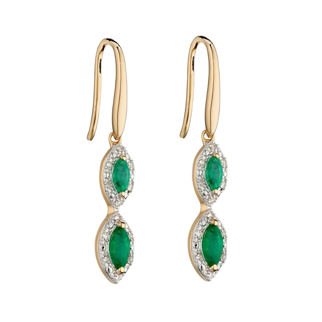 Emerald And Diamond Marquise Earrings 9ct Yellow Gold 375 Hallmark British Made
