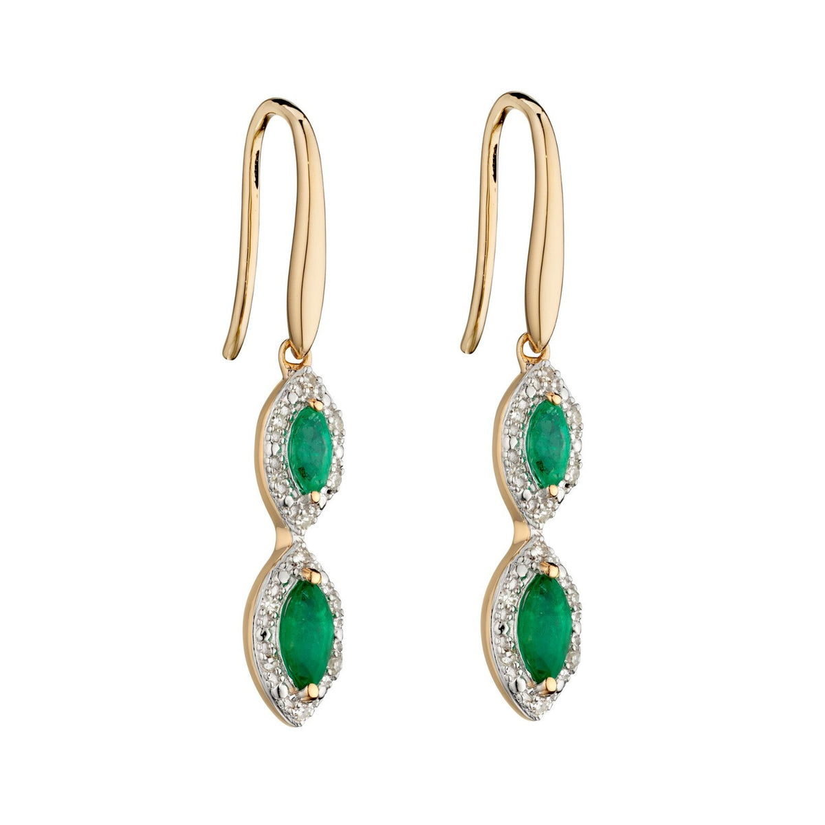 Emerald And Diamond Marquise Earrings 9ct Yellow Gold 375 Hallmark British Made