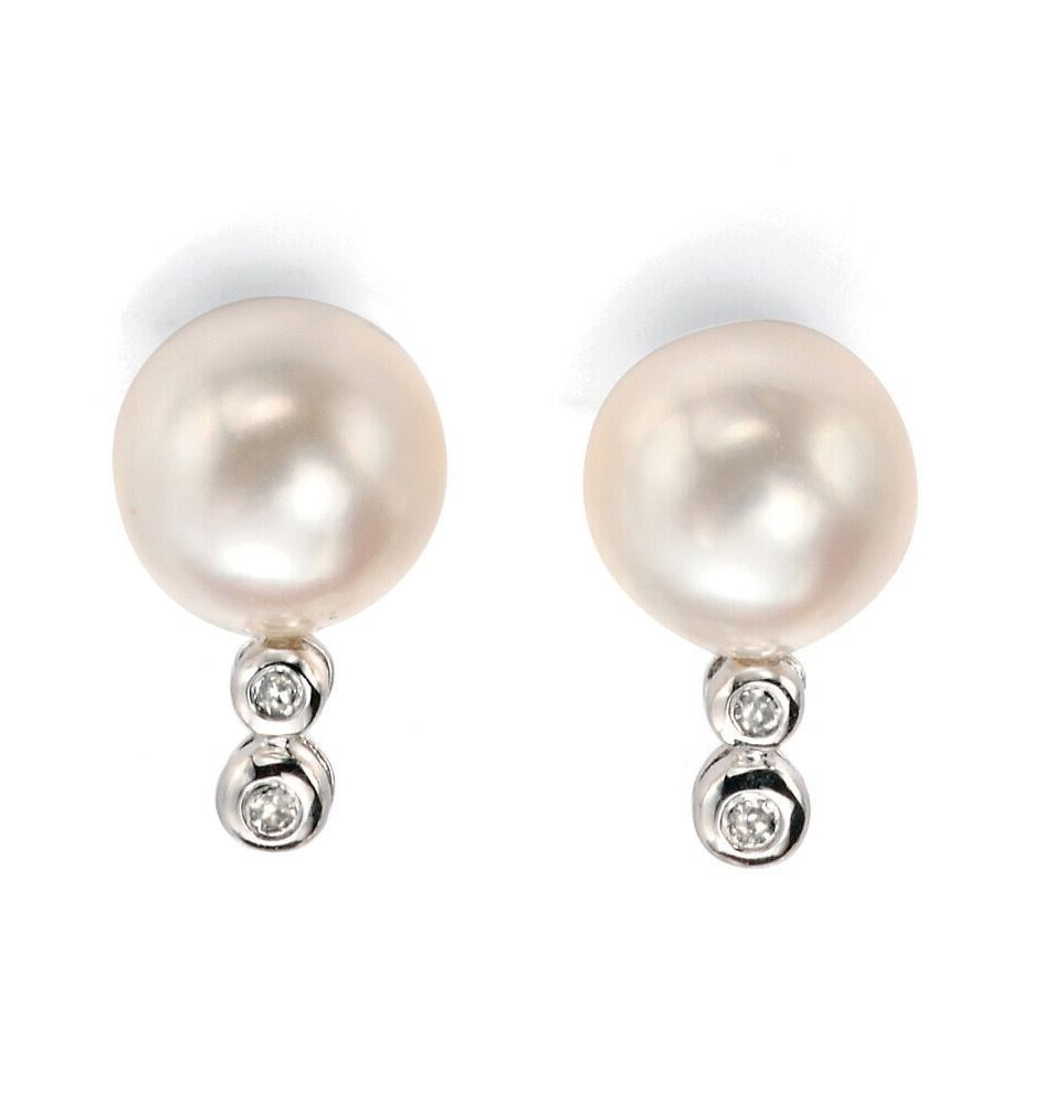 Round  Pearl And Diamond Stud Earrings British Made 9ct White Gold 375 Hallmark