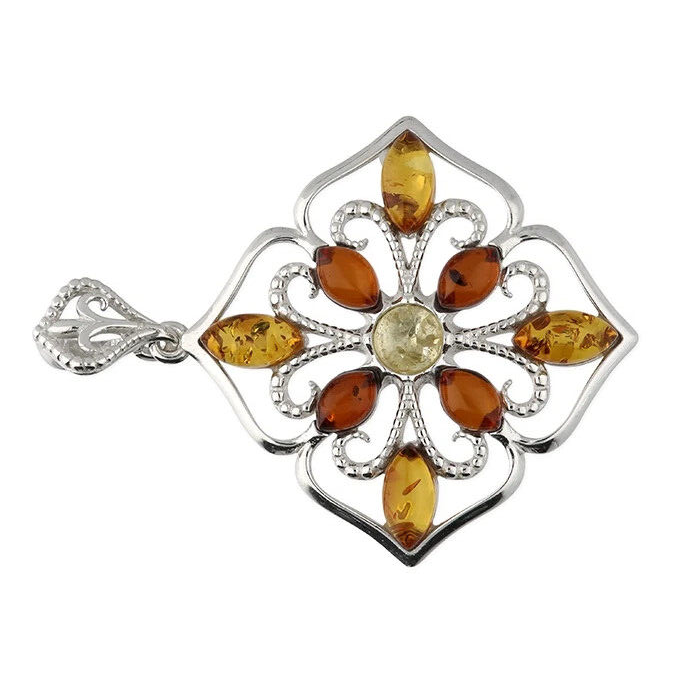 Statement Flower Amber Pendant Sterling Silver 925 Hallmarked All Chain Lengths