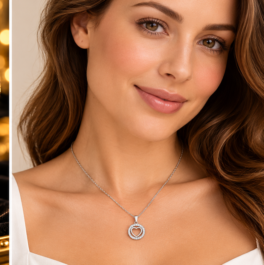 Ladies Circle Halo Heart Necklace Sterling Silver 925 Hallmarked British Made