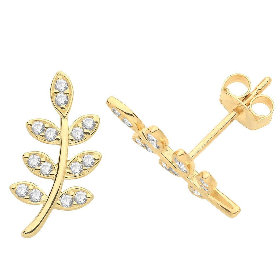 14 Stone Leaf Stud Earrings 9ct Yellow Gold 375 Hallmarked Brand New Boxed
