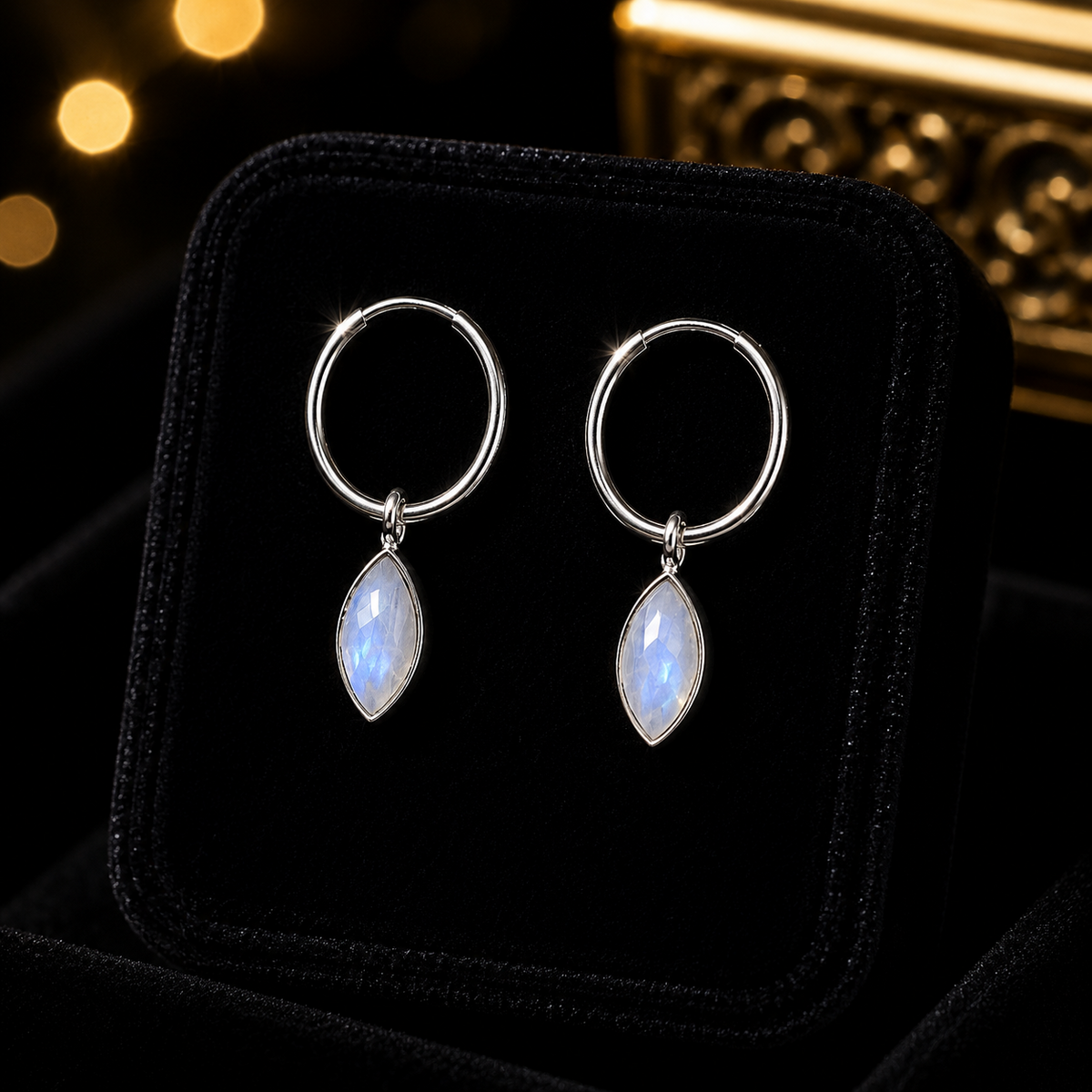 Marquise Moonstone Hoop Earrings Sterling Silver 925 Hallmark Brand New Boxed