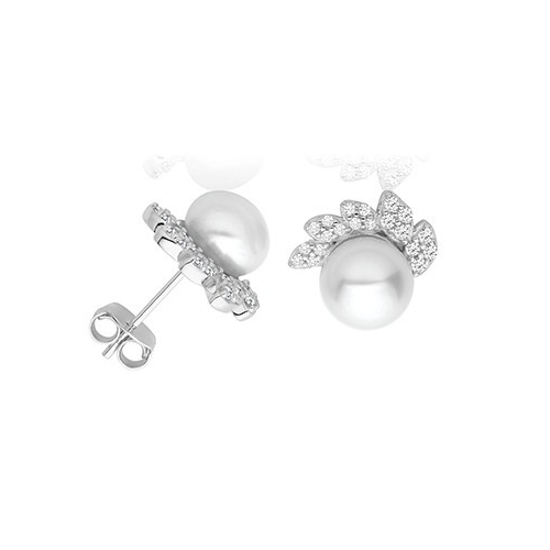 Pearl & Leaf Cluster Stud Earrings Sterling Silver 925 Hallmarked British Made