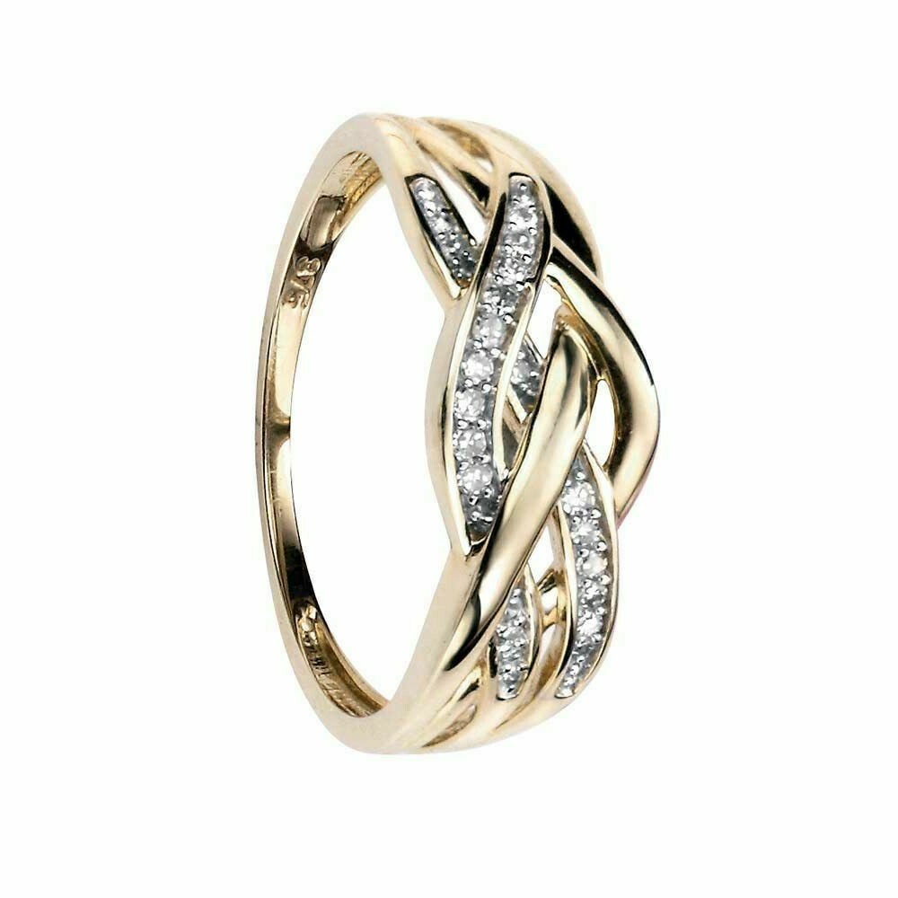 Plaited Ring with Pave Natural Diamonds in 9ct Yellow Gold 375 Hallmarked