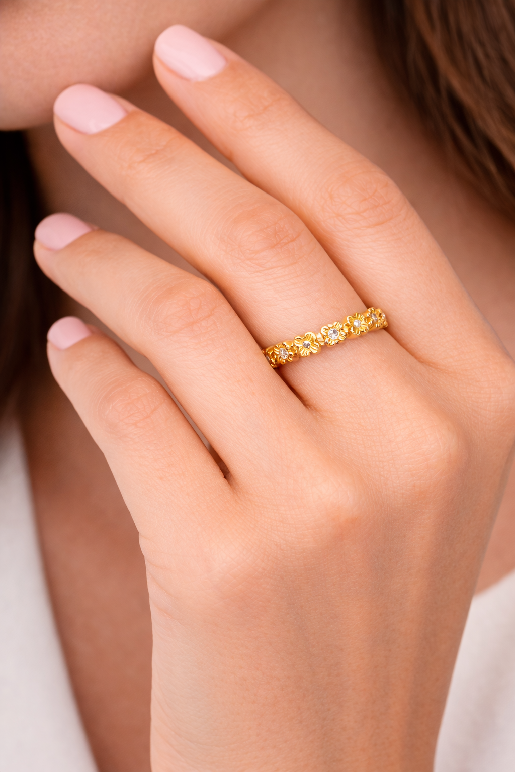 Floral Eternity Ring 14ct Yellow Gold Plated Hallmarked British Made Size L - R