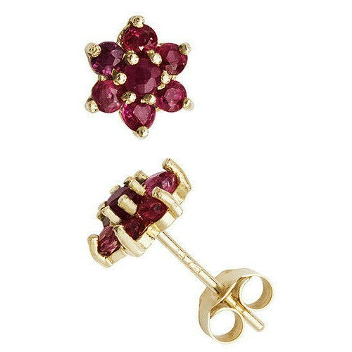 Ruby Cluster Stud Earrings Yellow Gold Natural Stone 375 Hallmark New Boxed