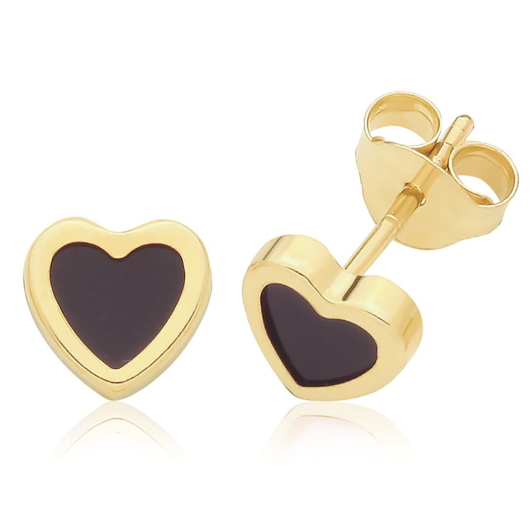 Flush Natural Onyx Heart Stud Earrings 9ct Yellow Gold 375 Hallmarked Brand New