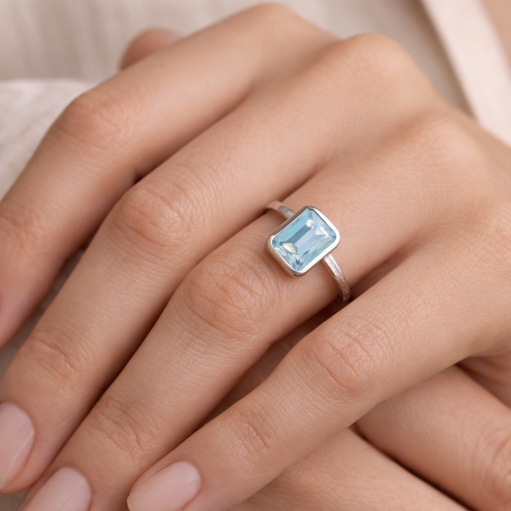 Solitaire Blue Topaz Ring Sterling Silver 925 Hallmarked British Made Size L - R
