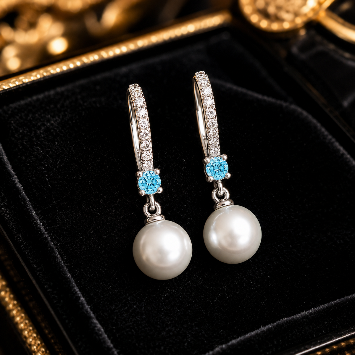 Pearl And Blue Topaz Hoop Earrings Sterling Silver 925 Hallmark Brand New Boxed
