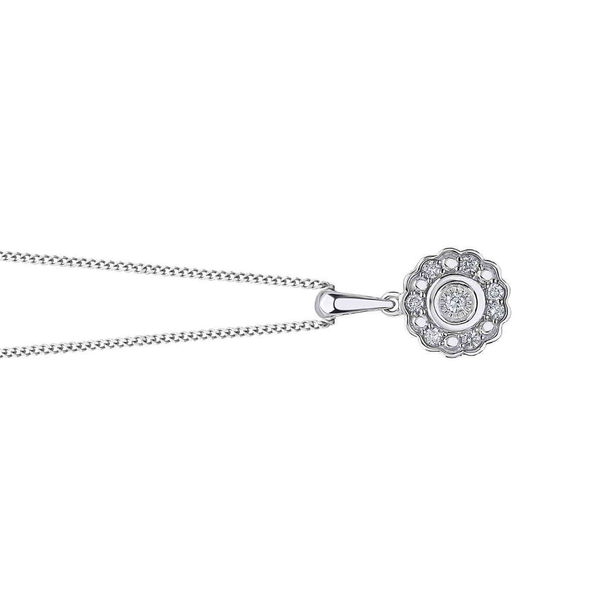 Bezel Set Cluster Diamond Pendant 9ct White Gold 375 Hallmarked British Made