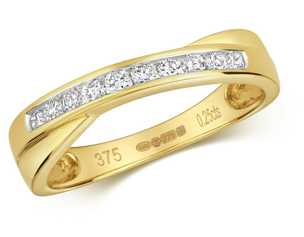 Natural Diamond Crossover Ring Eternity Band 9ct Yellow Gold 375 Hallmarked