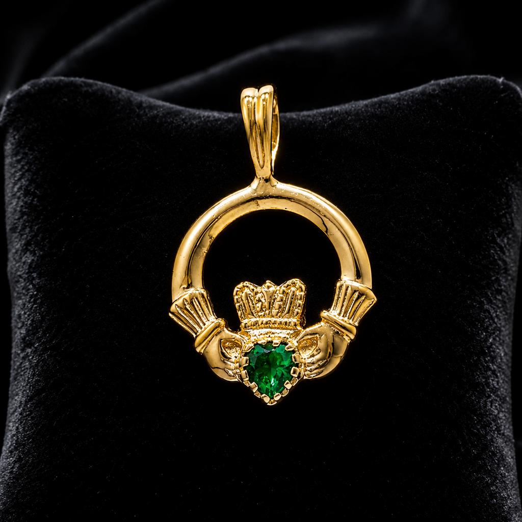 Yellow Gold Emerald Claddagh Pendant Hallmarked British Made All Chain Lengths
