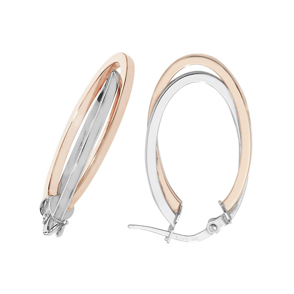 9ct 2 Tone Gold Hinged Oval Double Hoop Earrings 15mm British Made 375 Hallmark