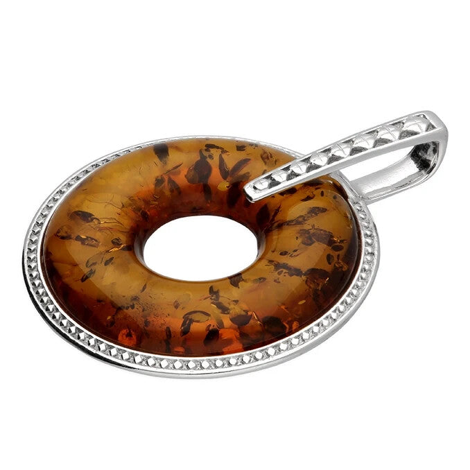Doughnut Natural Amber Pendant Sterling Silver 925 Hallmarked All Chain Lengths