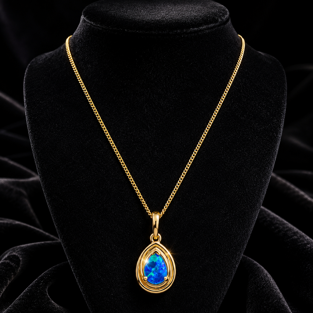 Natural Teardrop Blue Opal Pendant 9ct Yellow Gold 375 Hallmarked British Made