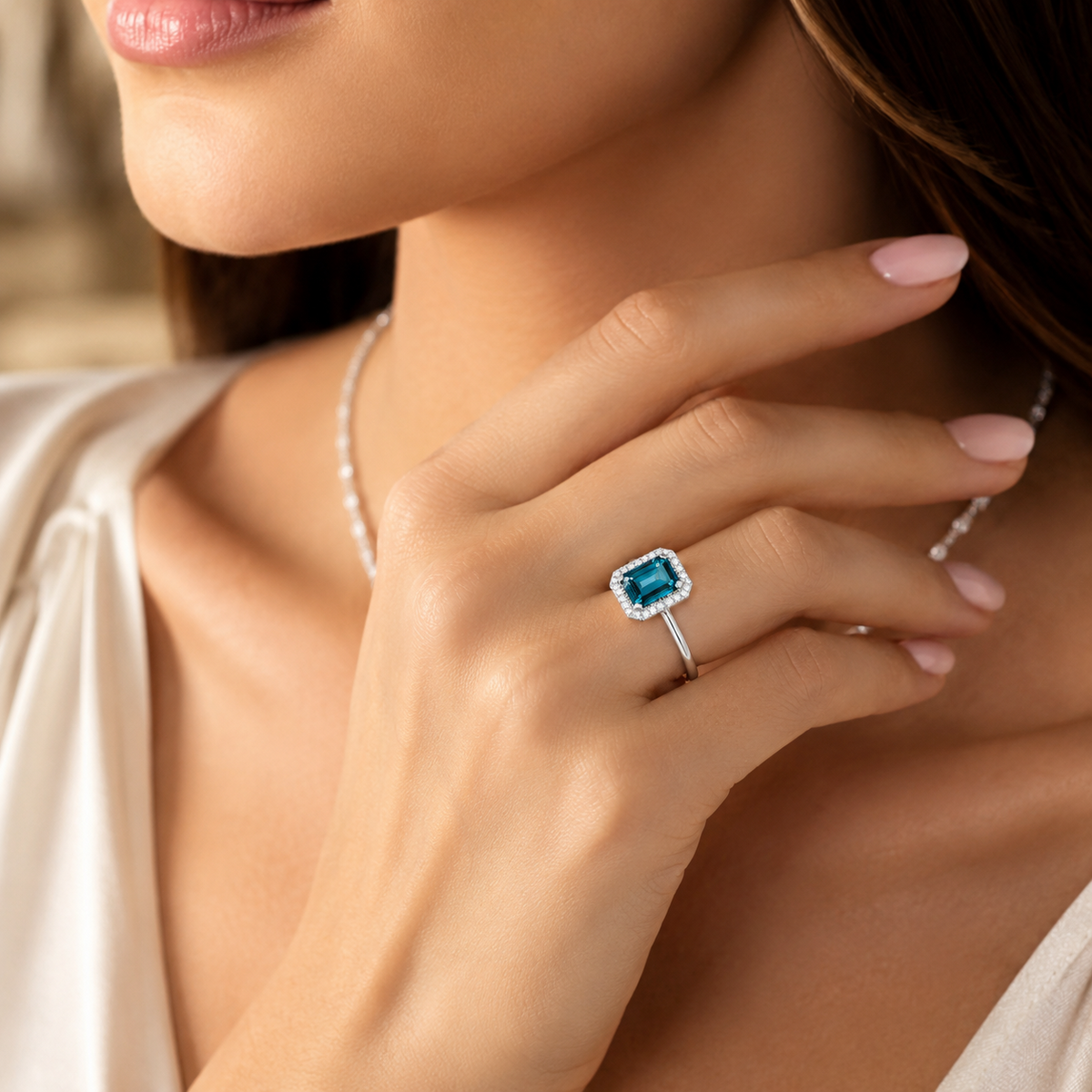 Halo Emerald Blue Topaz Diamond Ring 9ct White Gold 375 Hallmarked Sizes J - Q