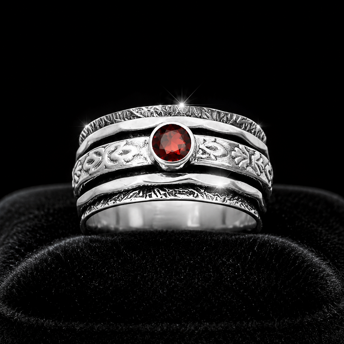 Garnet Fleur De Lys Spinner Ring Sterling Silver 925 Hallmarked Size K - T