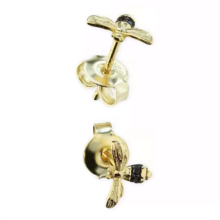 Onyx Bumble Bee Stud Earrings 18ct Yellow Gold Plated Hallmarked British Made