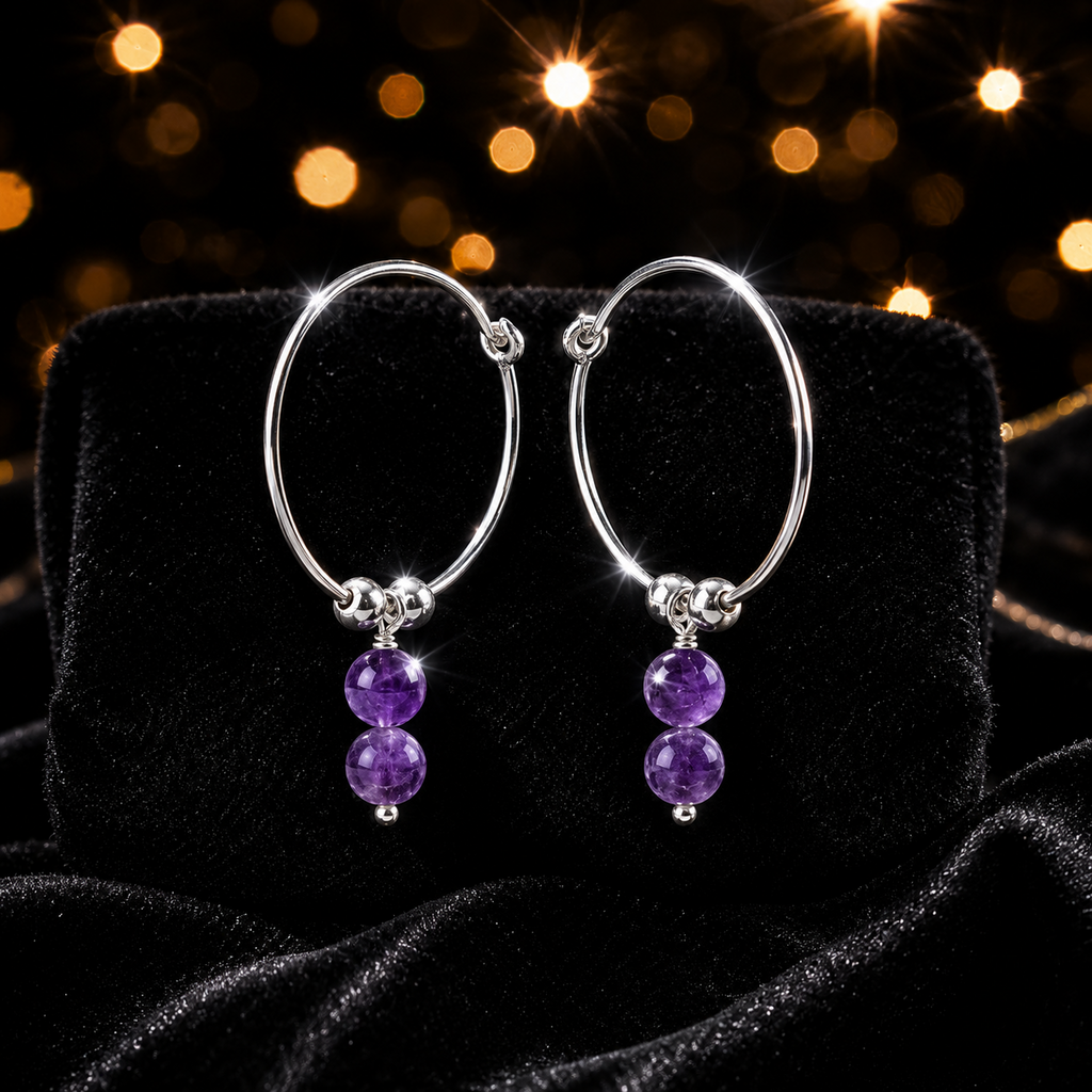 Amethyst Double Drop Hoop Earrings Sterling Silver 925 Hallmark Brand New Boxed