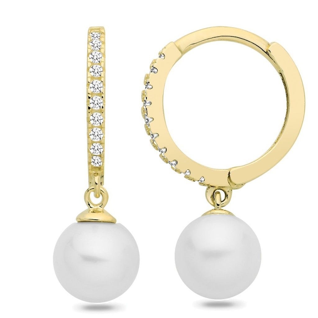 10mm Natural Pearl Hoop Drop Earrings 9ct Yellow Gold 375 Hallmarked Brand New