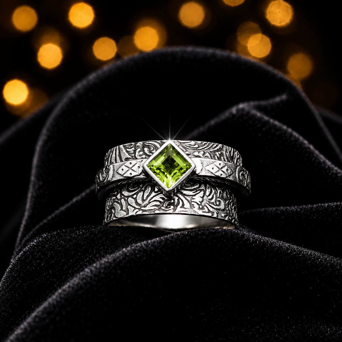 Flush Peridot Ornate Spinner Ring Sterling Silver 925 Hallmarked Size K - T